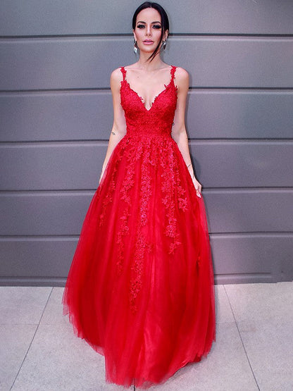 Vestidos de fiesta elegantes de tul con escote en V, largo hasta el suelo, sin mangas y apliques