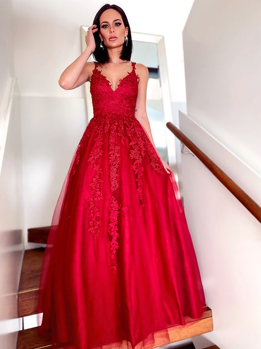 Vestidos de fiesta elegantes de tul con escote en V, largo hasta el suelo, sin mangas y apliques