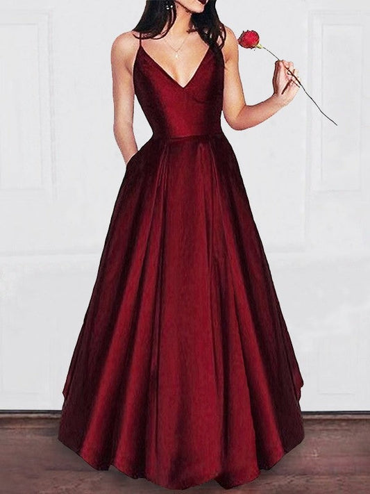 Elegante vestido de fiesta de satén con volantes, escote en V y corte A