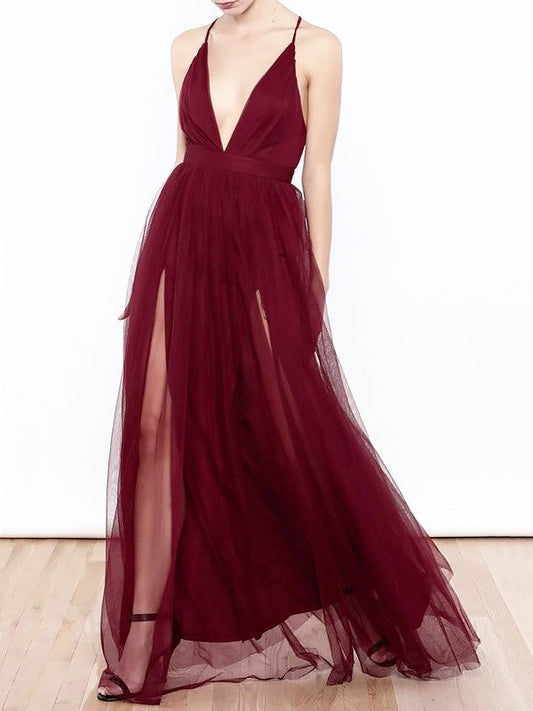 Elegante vestido de fiesta de tul con volantes, escote en V y corte A hasta el suelo