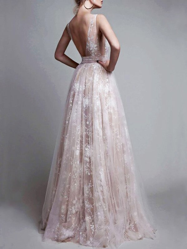 Elegante vestido de fiesta de tul sin mangas con apliques y escote en V hasta el suelo