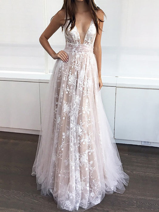Elegante vestido de fiesta de tul sin mangas con apliques y escote en V hasta el suelo