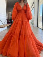 A-Linie/Elegant V-Ausschnitt Lange Ärmel 3D Chiffon Rüschen Ballkleider