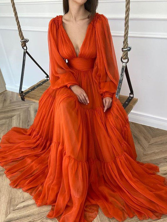 Elegante vestido de fiesta de gasa con volantes 3D, escote en V, mangas largas y corte A