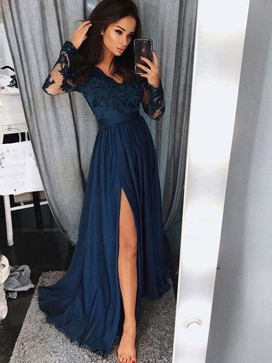 Elegante vestido de fiesta de satén de gasa con escote en V, mangas largas, apliques fruncidos y corte A