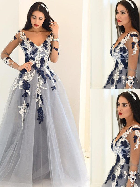Elegante vestido de fiesta de corte A/V con escote en V, mangas largas, apliques de tul y largo hasta el suelo