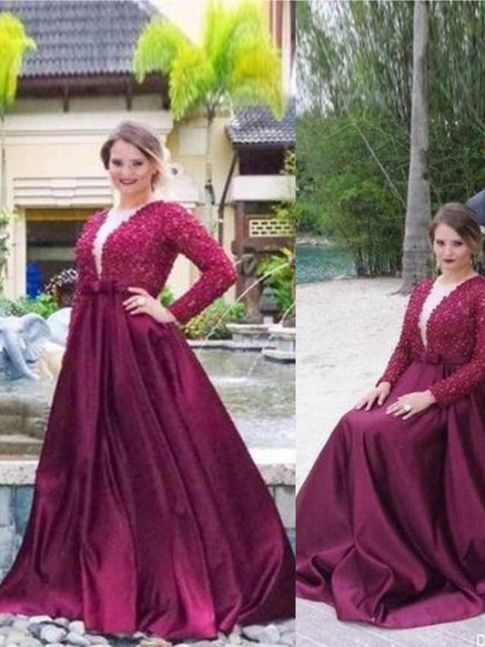 Vestidos de fiesta elegantes de satén con escote en V, mangas largas y cuentas, talla grande