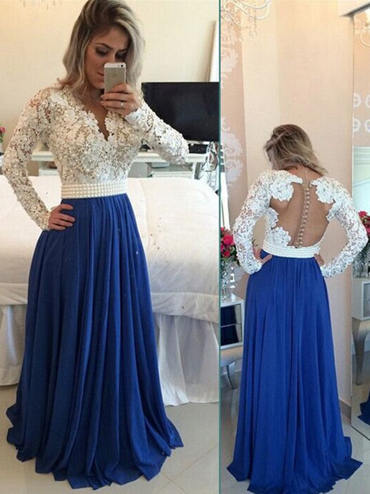 Elegante vestido de fiesta de gasa con escote en V, mangas largas y corte A, largo hasta el suelo, con perlas