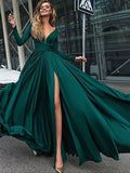Elegante vestido de fiesta de satén de gasa con escote en V, mangas largas y volantes hasta el suelo