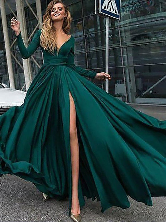 Elegante vestido de fiesta de satén de gasa con escote en V, mangas largas y volantes hasta el suelo