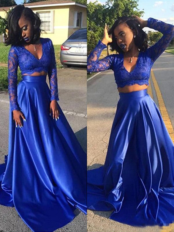 Elegante vestido de fiesta de dos piezas de satén con encaje, escote en V y mangas largas