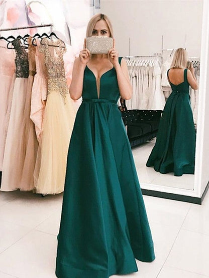 Vestidos de fiesta elegantes de satén con volantes y escote en V y corte A
