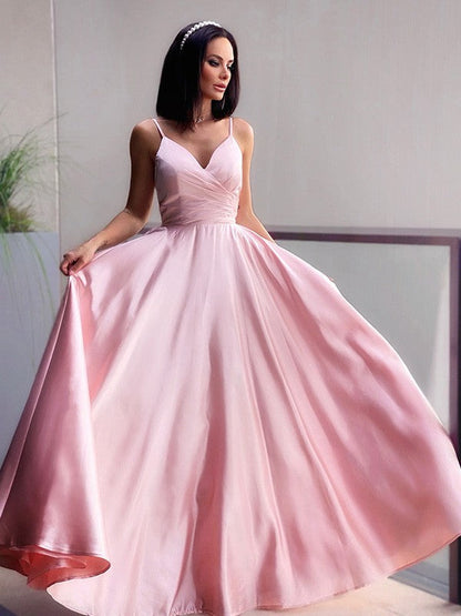 Vestidos de fiesta elegantes de satén con escote en V, fruncidos, sin mangas y hasta el suelo