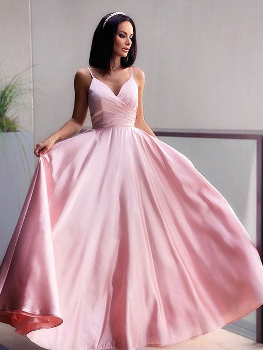 Vestidos de fiesta elegantes de satén con escote en V, fruncidos, sin mangas y hasta el suelo