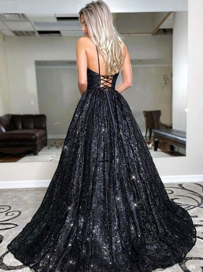 Vestidos de fiesta elegantes con escote en V, sin mangas y lentejuelas