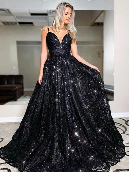 Vestidos de fiesta elegantes con escote en V, sin mangas y lentejuelas