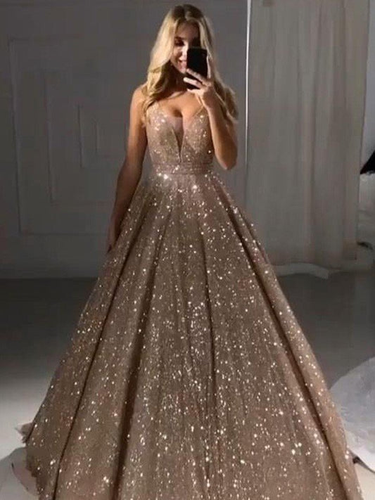 Elegante vestido de fiesta sin mangas, largo hasta el suelo, con lentejuelas, volantes y escote en V