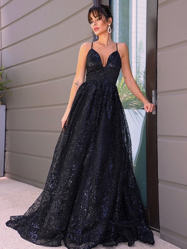 Vestidos de fiesta elegantes con lentejuelas, escote en V y corte A, sin mangas