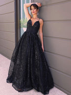 Vestidos de fiesta elegantes con lentejuelas, escote en V y corte A, sin mangas