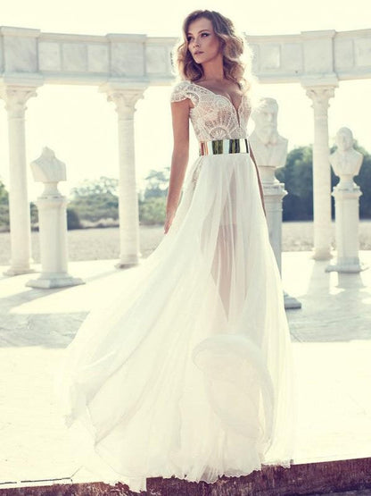 Elegante vestido de fiesta de gasa con escote en V, mangas cortas, encaje y largo hasta el suelo