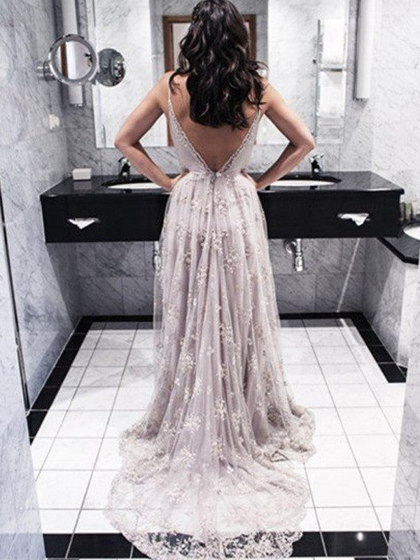 Vestidos de fiesta elegantes de corte A/cuello en V sin mangas con apliques de encaje