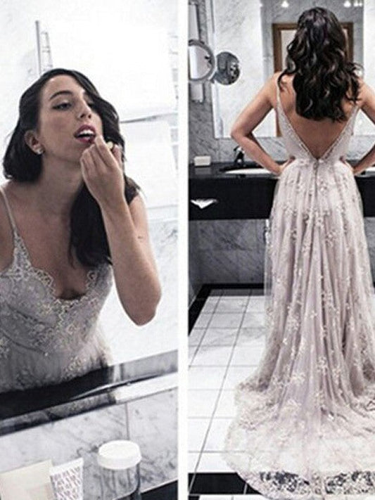 Vestidos de fiesta elegantes de corte A/cuello en V sin mangas con apliques de encaje