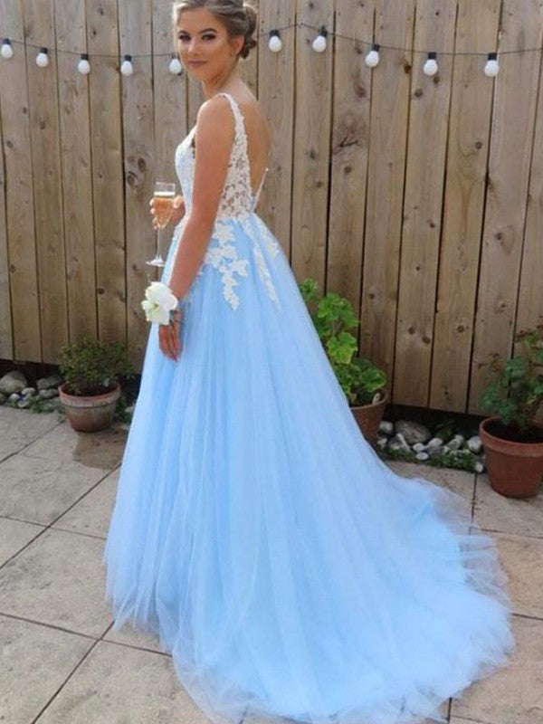 Vestidos de fiesta elegantes de tul con apliques, sin mangas y escote en V en forma de A
