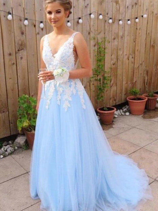 Vestidos de fiesta elegantes de tul con apliques, sin mangas y escote en V en forma de A