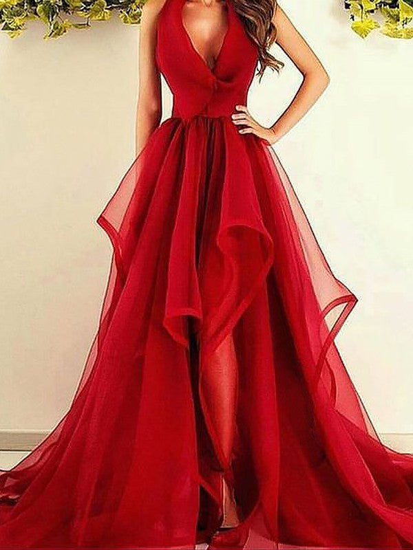 Vestidos de fiesta elegantes de organza con escote en V, sin mangas, asimétricos y volantes
