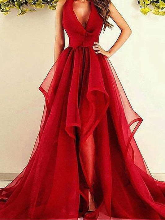 Vestidos de fiesta elegantes de organza con escote en V, sin mangas, asimétricos y volantes