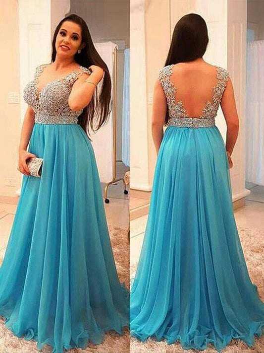 Vestidos de fiesta elegantes de gasa, corte A/escote en V, sin mangas, con cuentas y largo hasta el suelo, talla grande