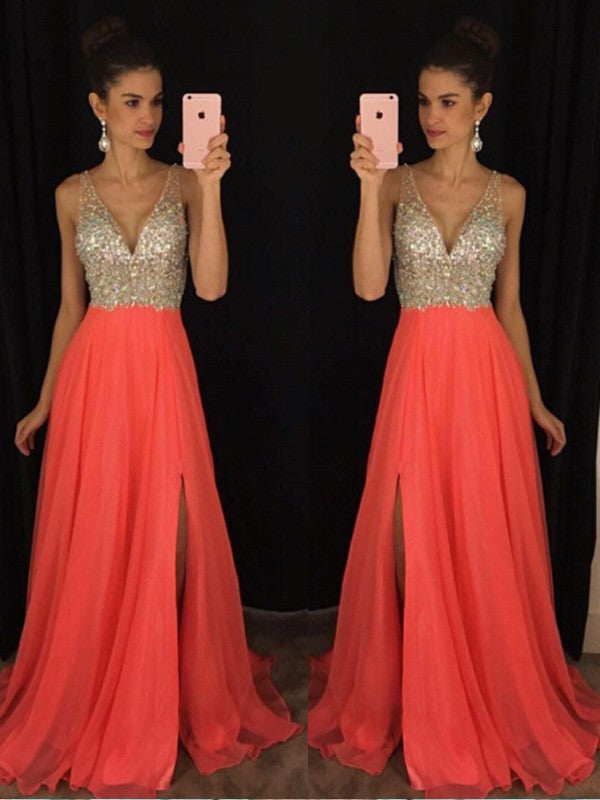 Vestidos de fiesta elegantes de gasa con escote en V, sin mangas, con cuentas y largo hasta el suelo