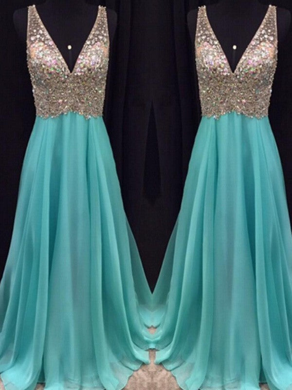 Vestidos de fiesta elegantes de gasa con escote en V, sin mangas, con cuentas y largo hasta el suelo