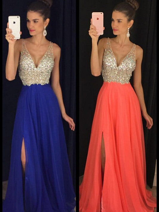 Vestidos de fiesta elegantes de gasa con escote en V, sin mangas, con cuentas y largo hasta el suelo