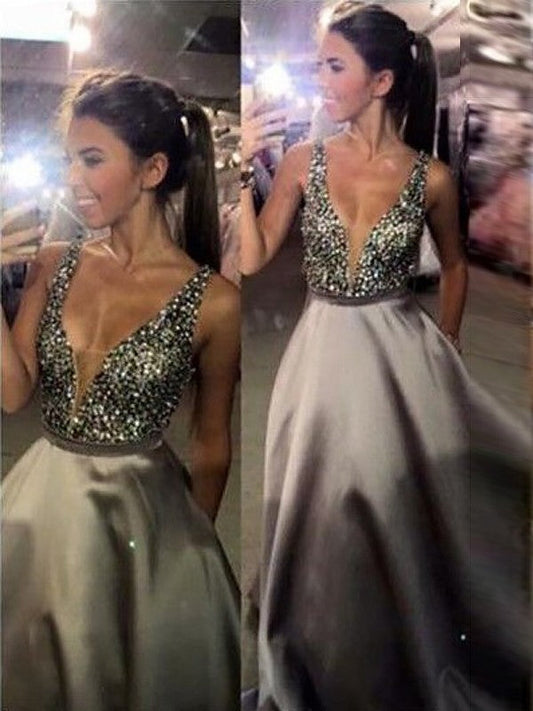 Vestidos de fiesta elegantes de satén con escote en V, sin mangas y con cuentas