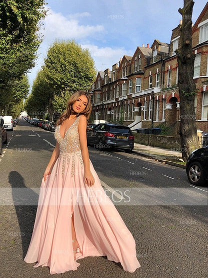 Vestidos de fiesta elegantes de tul con cuentas, sin mangas y escote en V, corte A