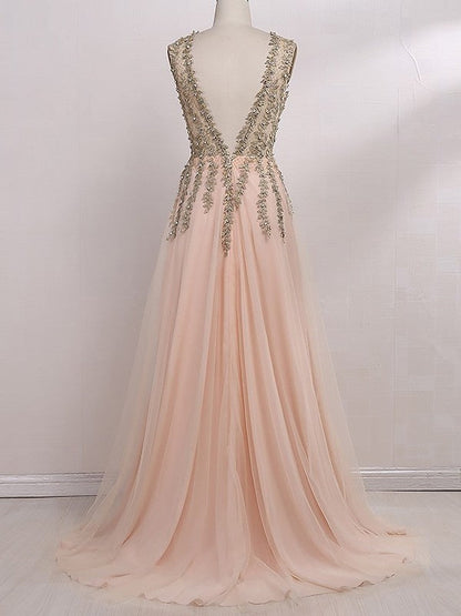 Vestidos de fiesta elegantes de tul con cuentas, sin mangas y escote en V, corte A