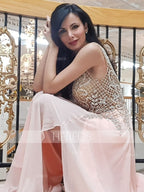 Vestidos de fiesta elegantes de tul con cuentas, sin mangas y escote en V, corte A