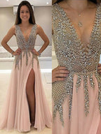 Vestidos de fiesta elegantes de tul con cuentas, sin mangas y escote en V, corte A