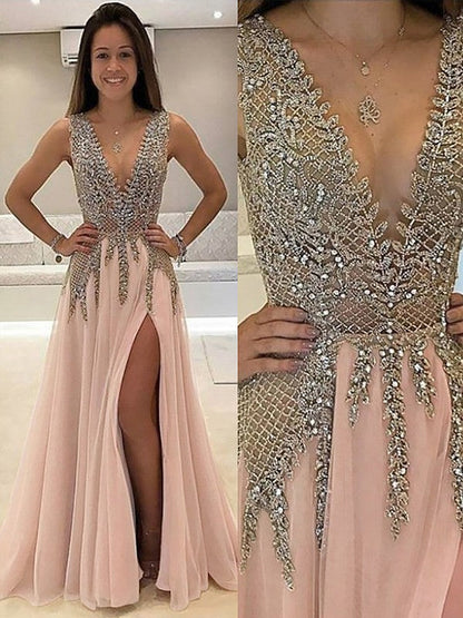 Vestidos de fiesta elegantes de tul con cuentas, sin mangas y escote en V, corte A