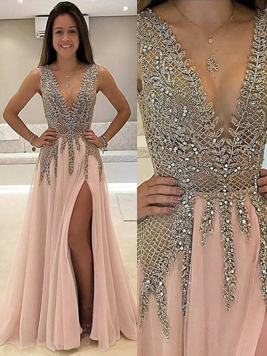 Vestidos de fiesta elegantes de tul con cuentas, sin mangas y escote en V, corte A