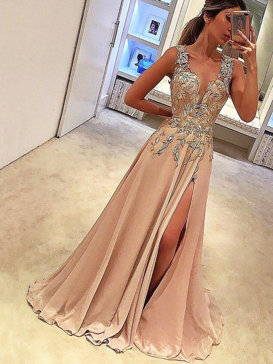 Vestidos de fiesta elegantes de satén con efecto seda, corte A, escote en V, sin mangas, hasta el suelo y apliques