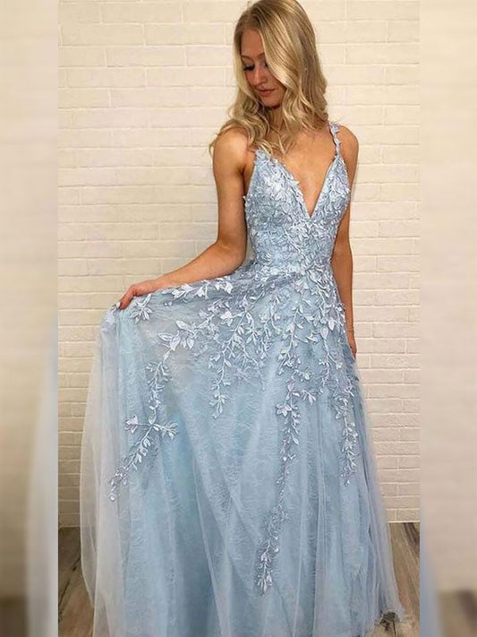 Vestidos de fiesta elegantes de tul con escote en V, sin mangas, hasta el suelo y apliques
