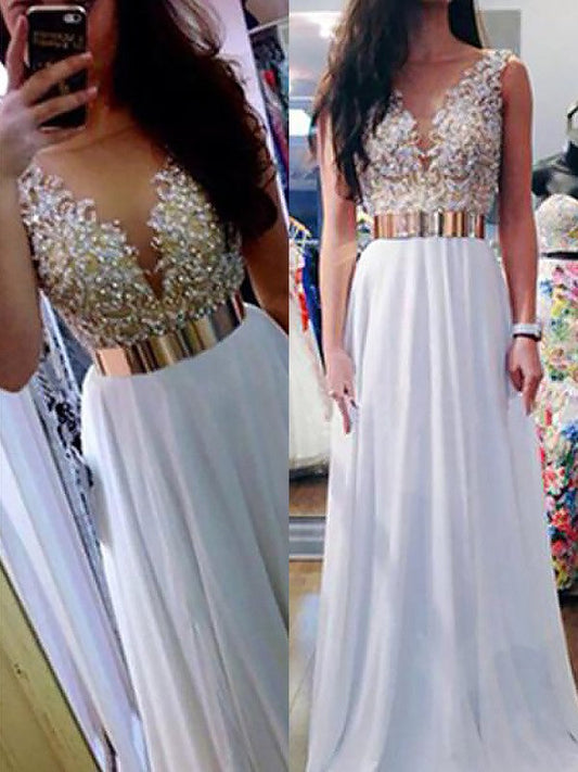 Vestidos de fiesta elegantes de gasa con escote en V, sin mangas, hasta el suelo y con cuentas