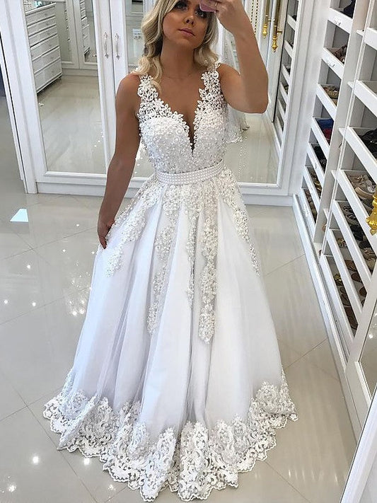Vestidos de fiesta elegantes de tul con encaje, sin mangas, escote en V y corte A