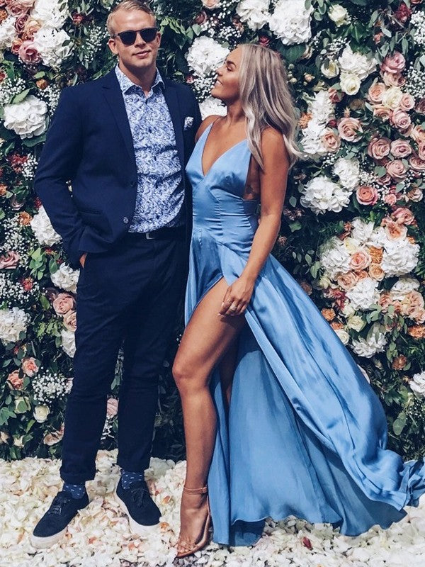 Vestidos de fiesta elegantes de satén con escote en V, sin mangas, hasta el suelo y volantes
