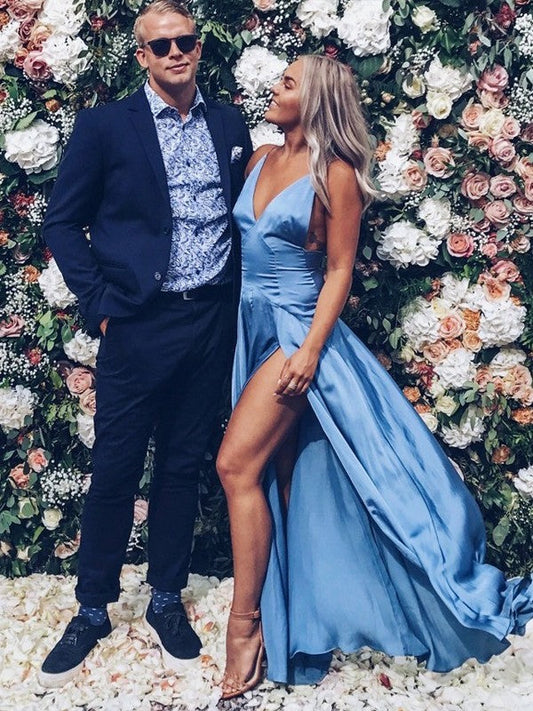 Vestidos de fiesta elegantes de satén con escote en V, sin mangas, hasta el suelo y volantes