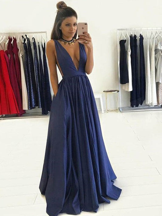 Vestidos de fiesta elegantes de tafetán con escote en V, sin mangas y hasta el suelo