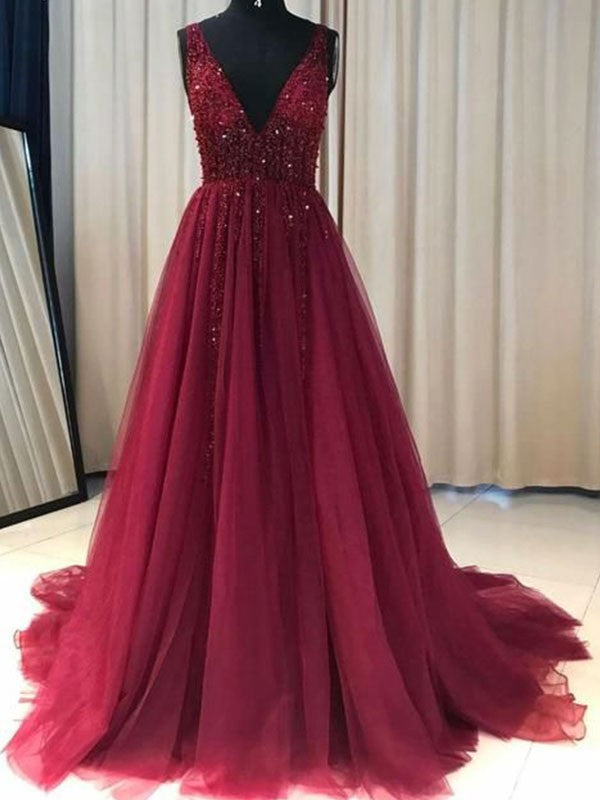 Vestidos de fiesta elegantes de tul con volantes, sin mangas y escote en V en forma de A