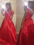 A-Linie/Elegant V-Ausschnitt Ärmellos Satin Ballkleider